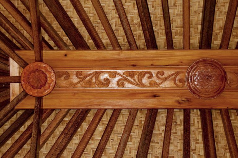 Haiku Ohana Wooden Eco House Sri Yantra Ceiling Wood Carving 